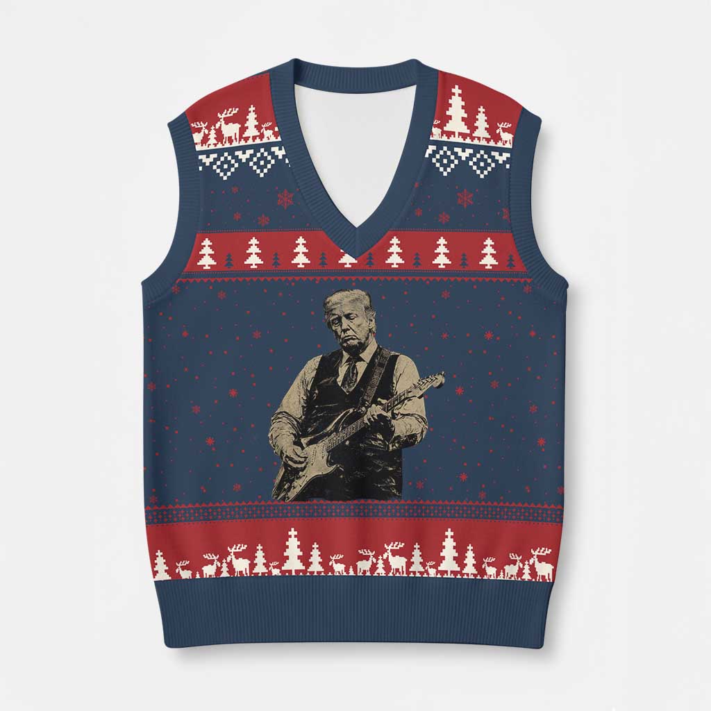 US Nation's Leader Playing Electic Rock Guitar Retro Vintage V-Neck Knit Sweater Vest