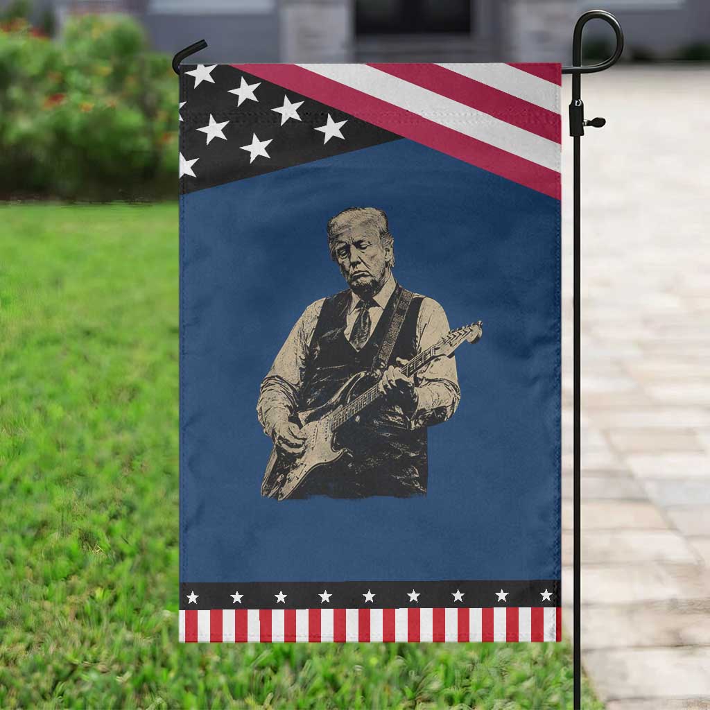 US Nation's Leader Playing Electic Rock Guitar Retro Vintage Patriotic Garden Flag