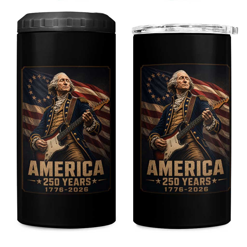 George Washington Playing Guitar USA 250th Anniversary Vintage 4th of July 4 in 1 Can Cooler Tumbler
