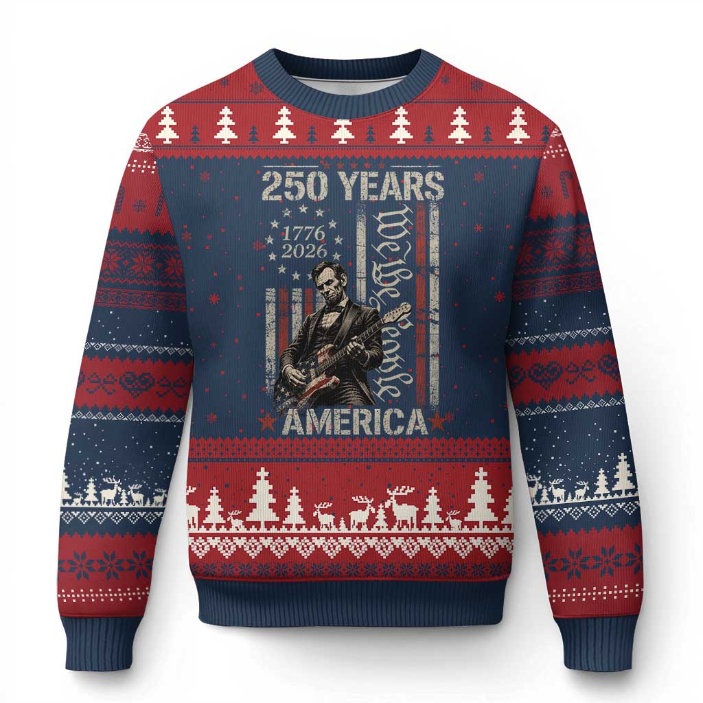Abraham Lincoln Playing Guitar 4th July 250 Years America Ugly Christmas Sweater