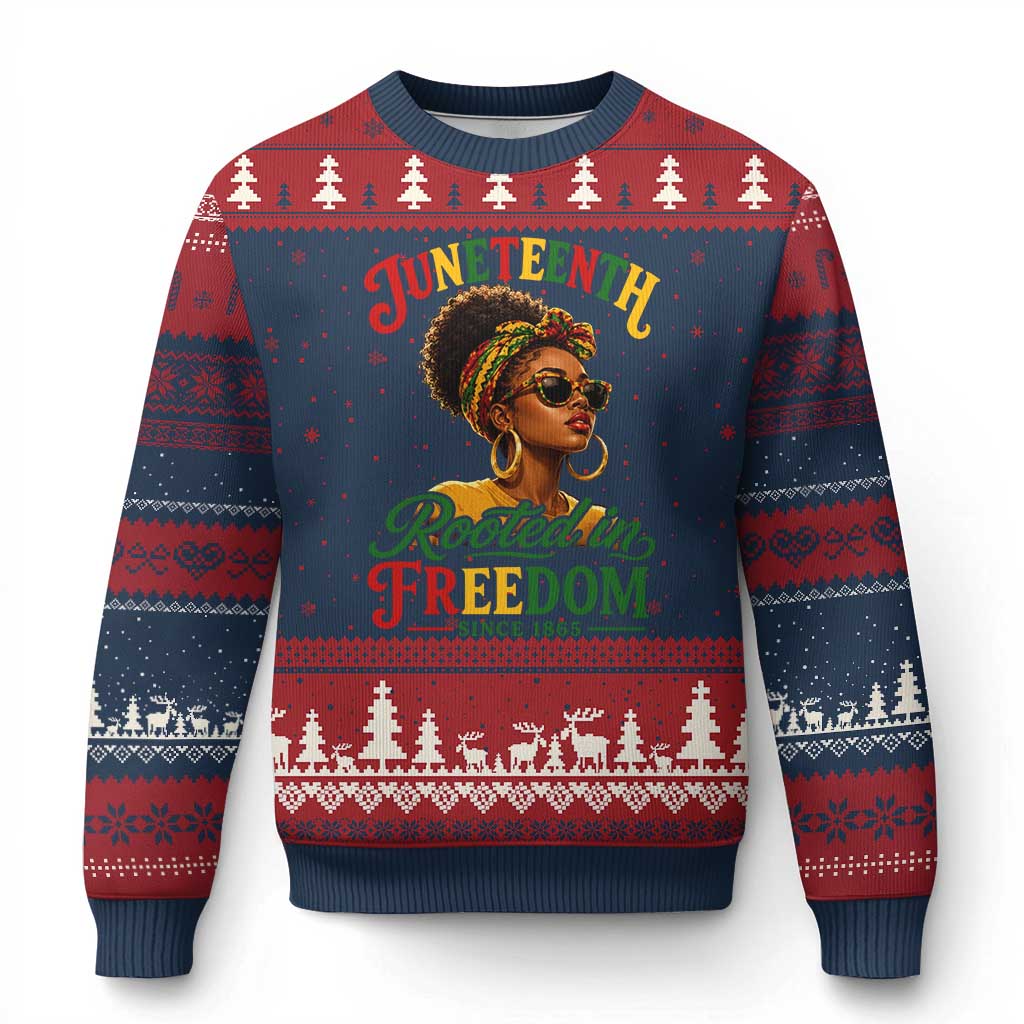 Juneteenth Rooted In Freedom Since 1865 Ugly Christmas Sweater Black Women African American