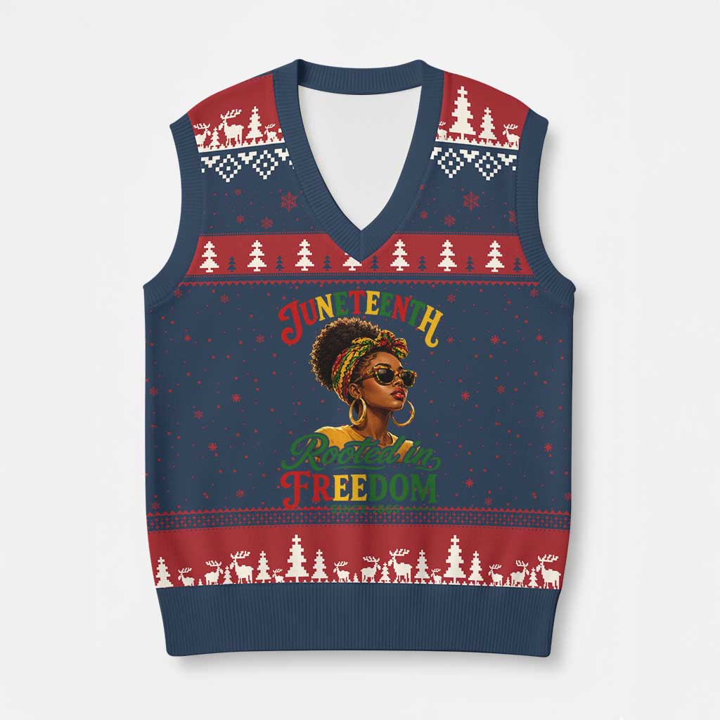 Juneteenth Rooted In Freedom Since 1865 V-Neck Knit Sweater Vest Black Women African American