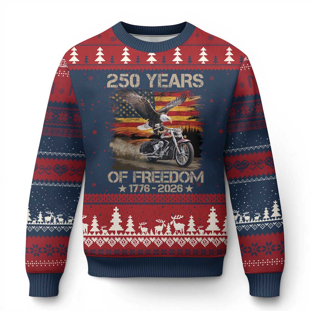 250 Years Of Freedom Patriotic Biker US Flag Motorcycle Lover Ugly Christmas Sweater