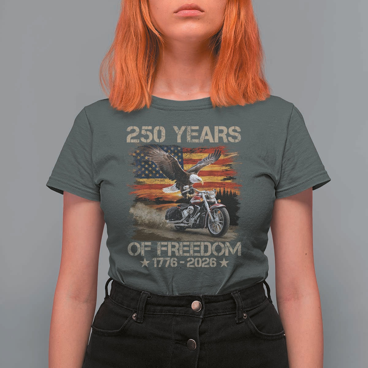 250 Years Of Freedom Patriotic Biker US Flag Motorcycle Lover T Shirt For Women