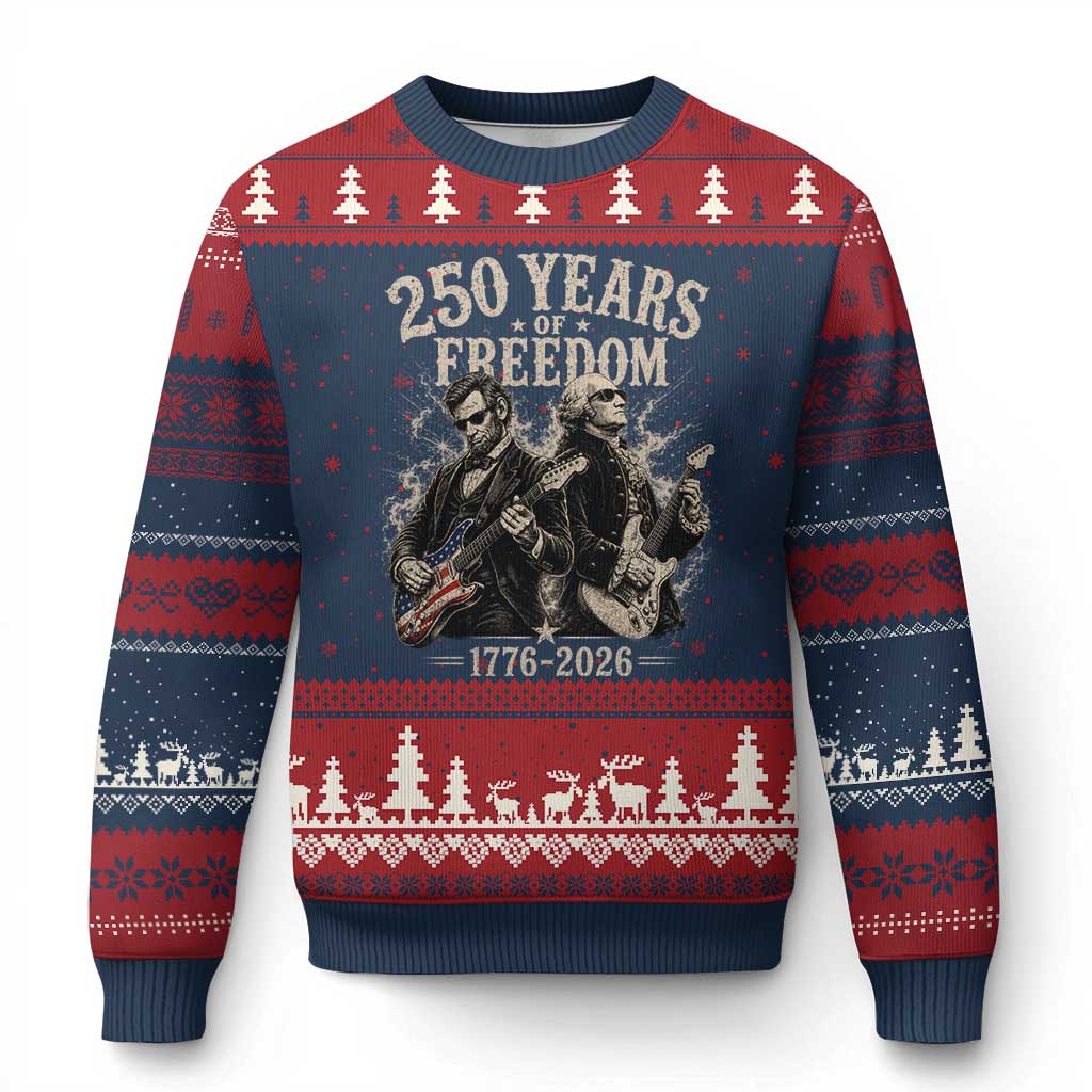 George Washington Lincoln Playing Guitar USA 250th Anniversary Ugly Christmas Sweater 250 Years Of Freedom 1776 2026