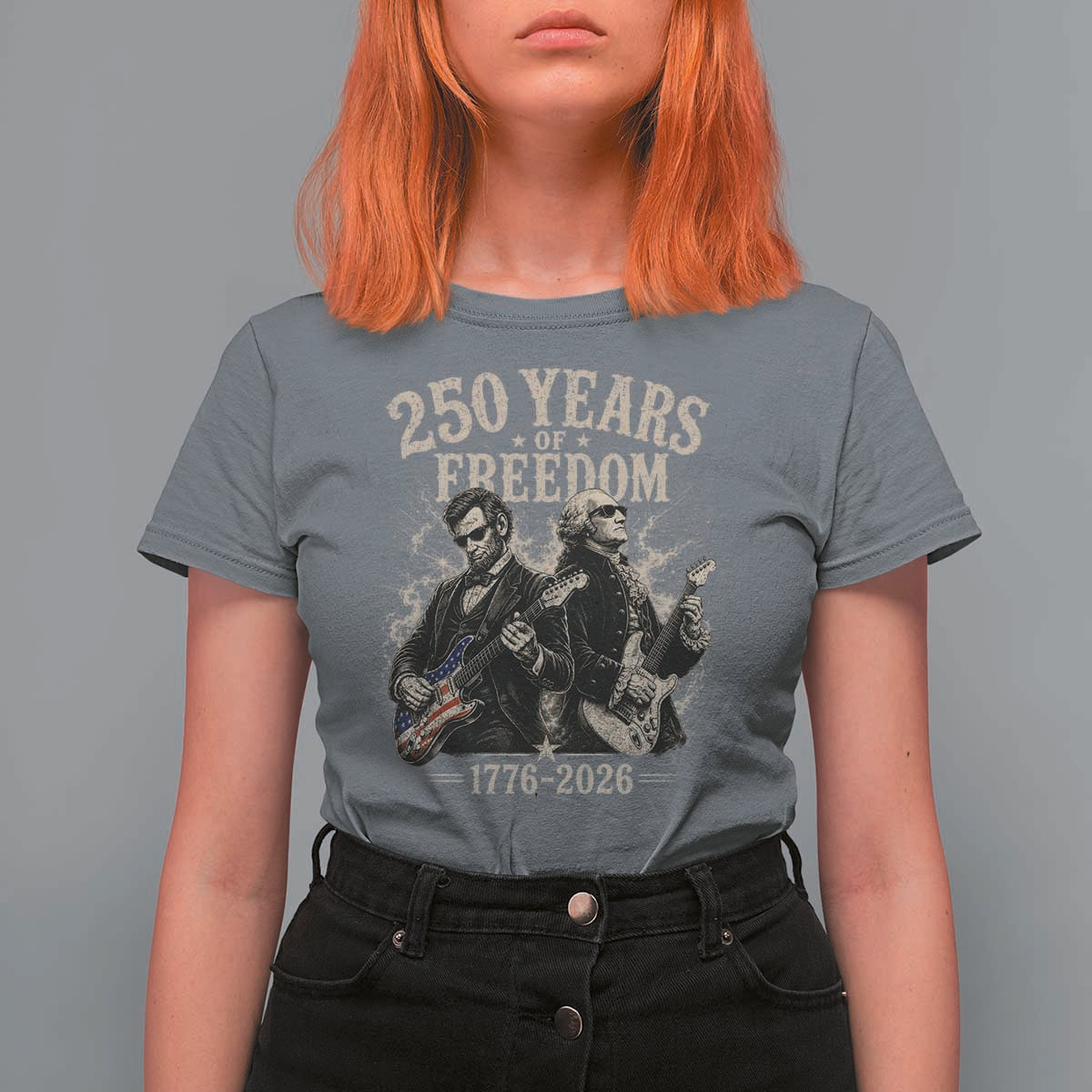 George Washington Lincoln Playing Guitar USA 250th Anniversary T Shirt For Women 250 Years Of Freedom 1776 2026