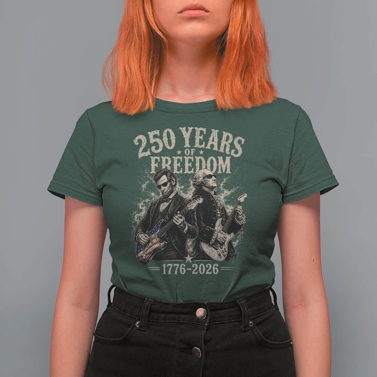 George Washington Lincoln Playing Guitar USA 250th Anniversary T Shirt For Women 250 Years Of Freedom 1776 2026
