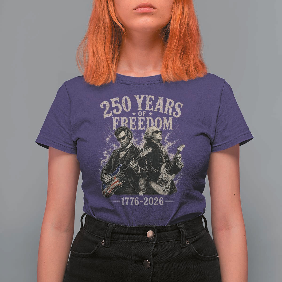 George Washington Lincoln Playing Guitar USA 250th Anniversary T Shirt For Women 250 Years Of Freedom 1776 2026