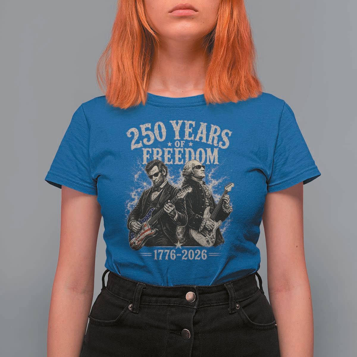 George Washington Lincoln Playing Guitar USA 250th Anniversary T Shirt For Women 250 Years Of Freedom 1776 2026