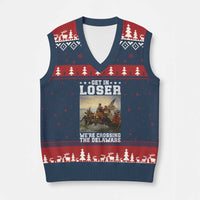 Get In Loser We Are Crossing The Delaware V-Neck Knit Sweater Vest Funny George Washington 4th Of July Artwork