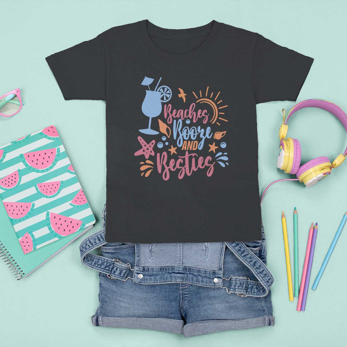 Funny Girls Trip T Shirt For Kid Beaches Booze And Besties Seashell Cocktail - Wonder Print Shop