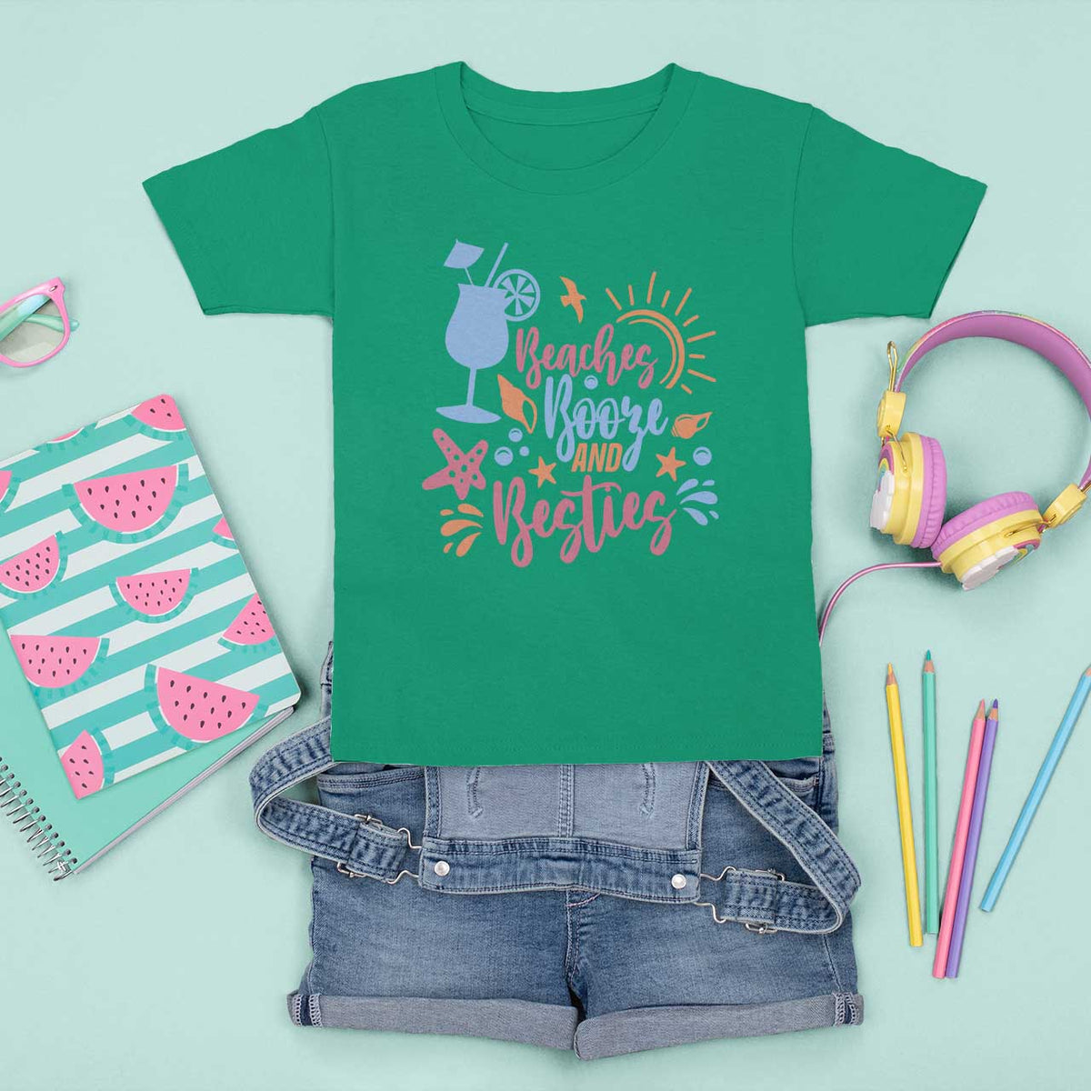 Funny Girls Trip T Shirt For Kid Beaches Booze And Besties Seashell Cocktail - Wonder Print Shop