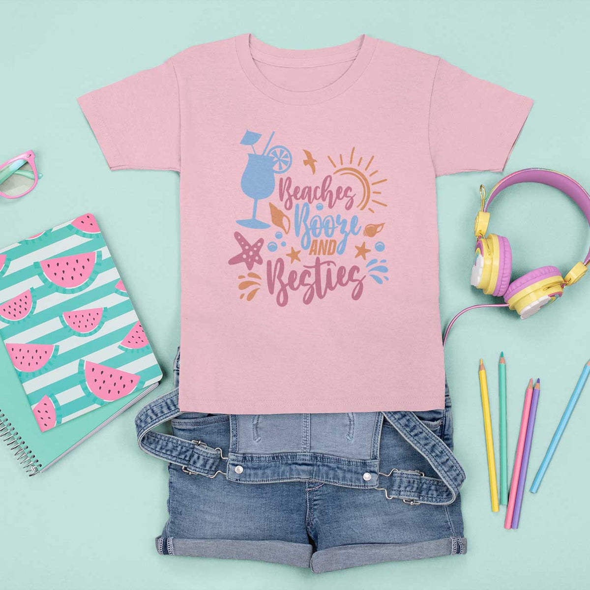 Funny Girls Trip T Shirt For Kid Beaches Booze And Besties Seashell Cocktail - Wonder Print Shop