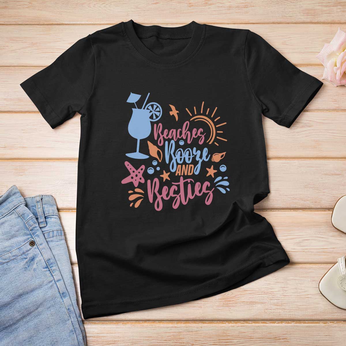 Funny Girls Trip T Shirt For Women Beaches Booze And Besties Seashell Cocktail - Wonder Print Shop