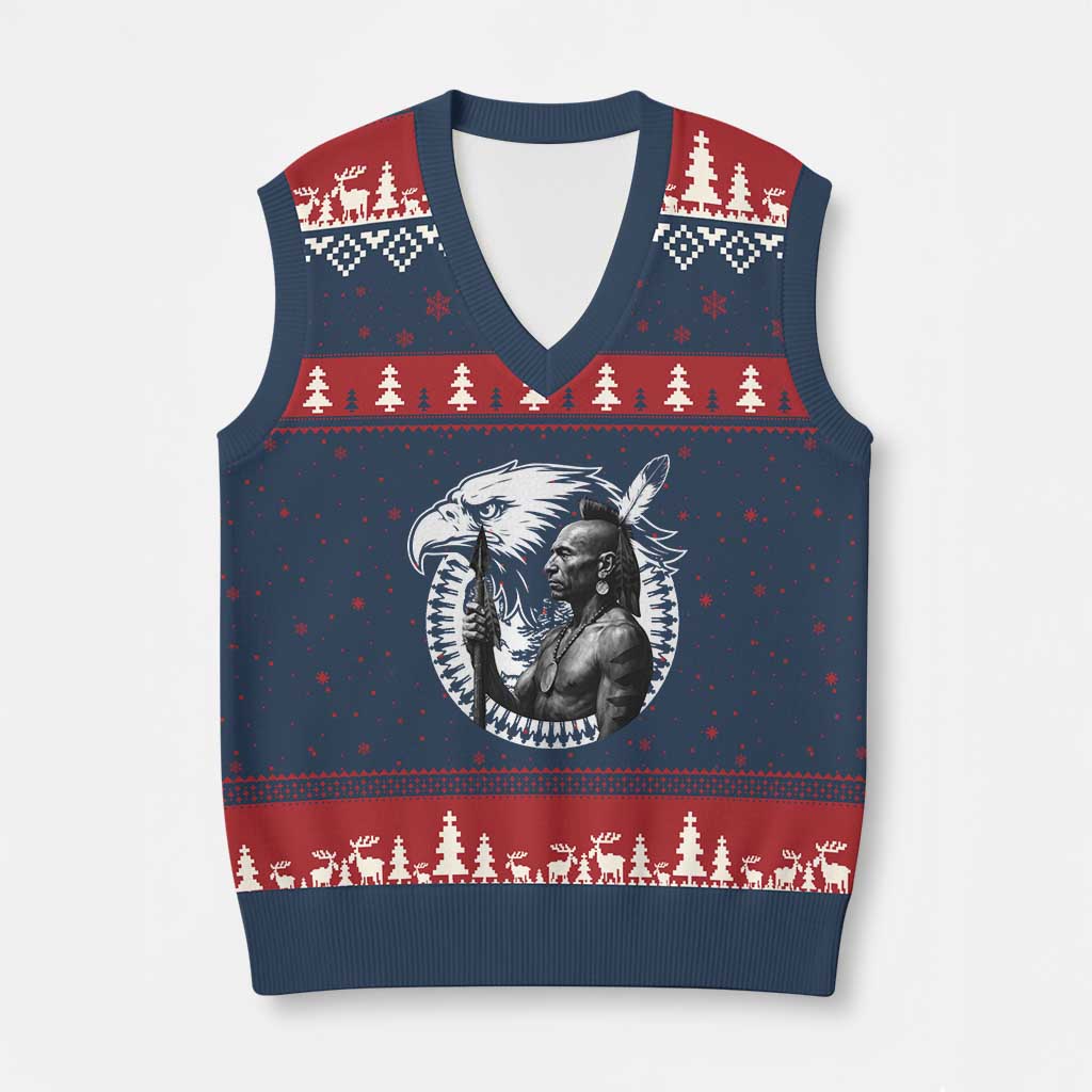 Mohawk Warrior Tribe V-Neck Knit Sweater Vest Native American Haudenosaunee Pride Vintage Eagle - Wonder Print Shop