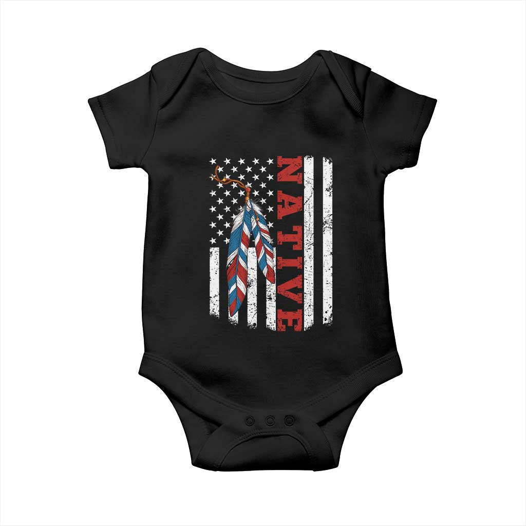 Native American Feathers Vintage USA Flag Baby Onesie Proud Indigenous People - Wonder Print Shop