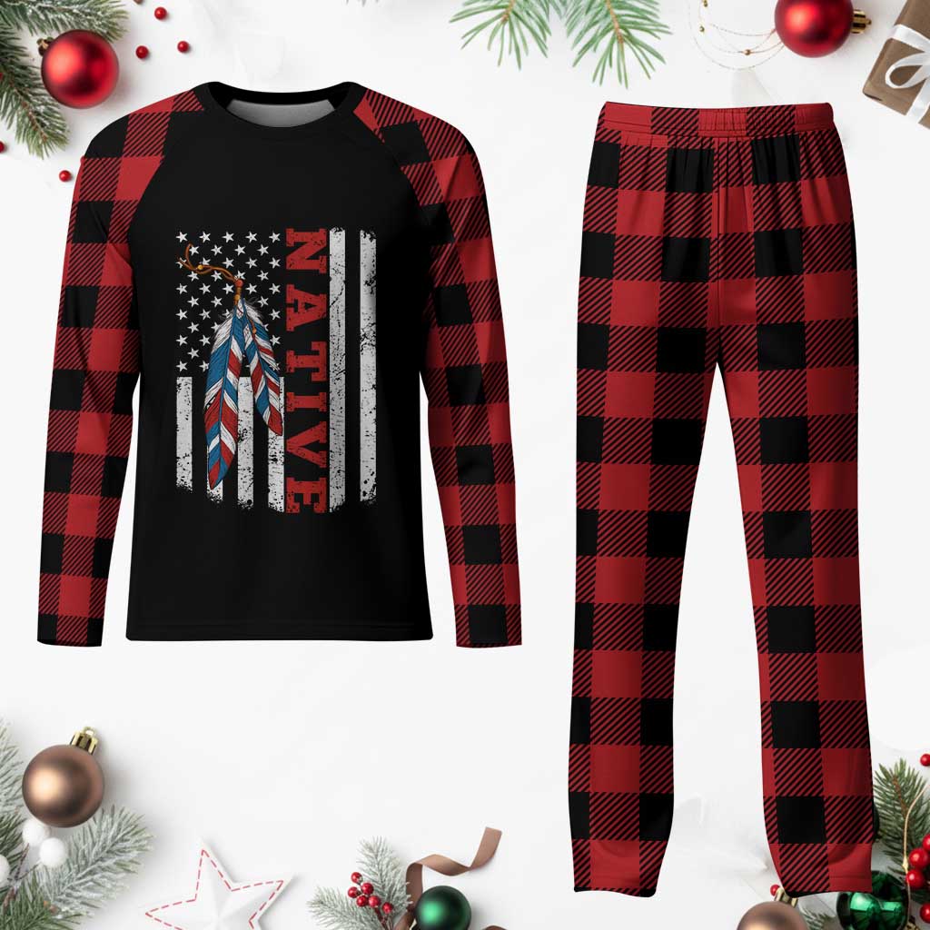 Native American Feathers Vintage USA Flag Plaid Pajama Set Proud Indigenous People
