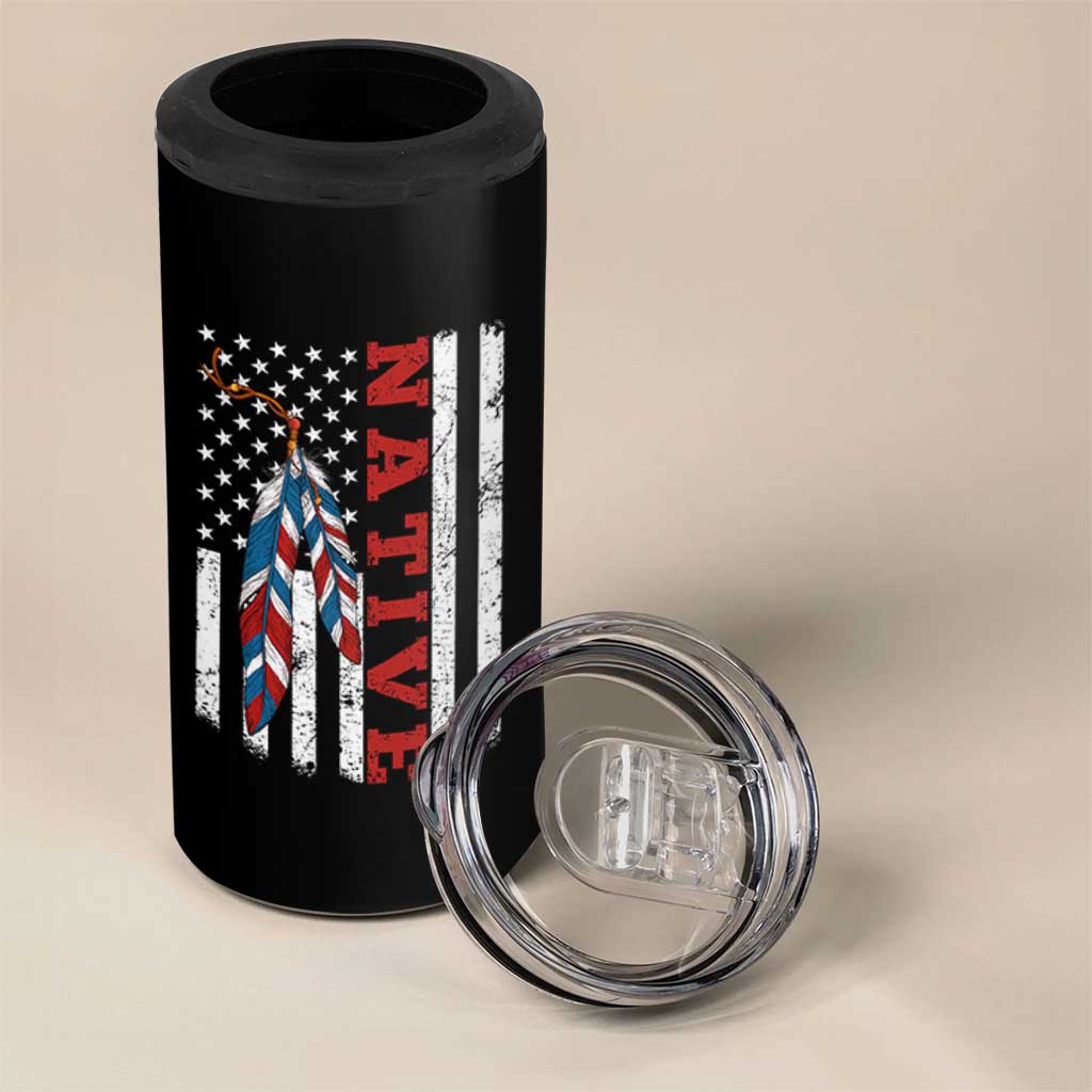 Native American Feathers Vintage USA Flag 4 in 1 Can Cooler Tumbler Proud Indigenous People - Wonder Print Shop