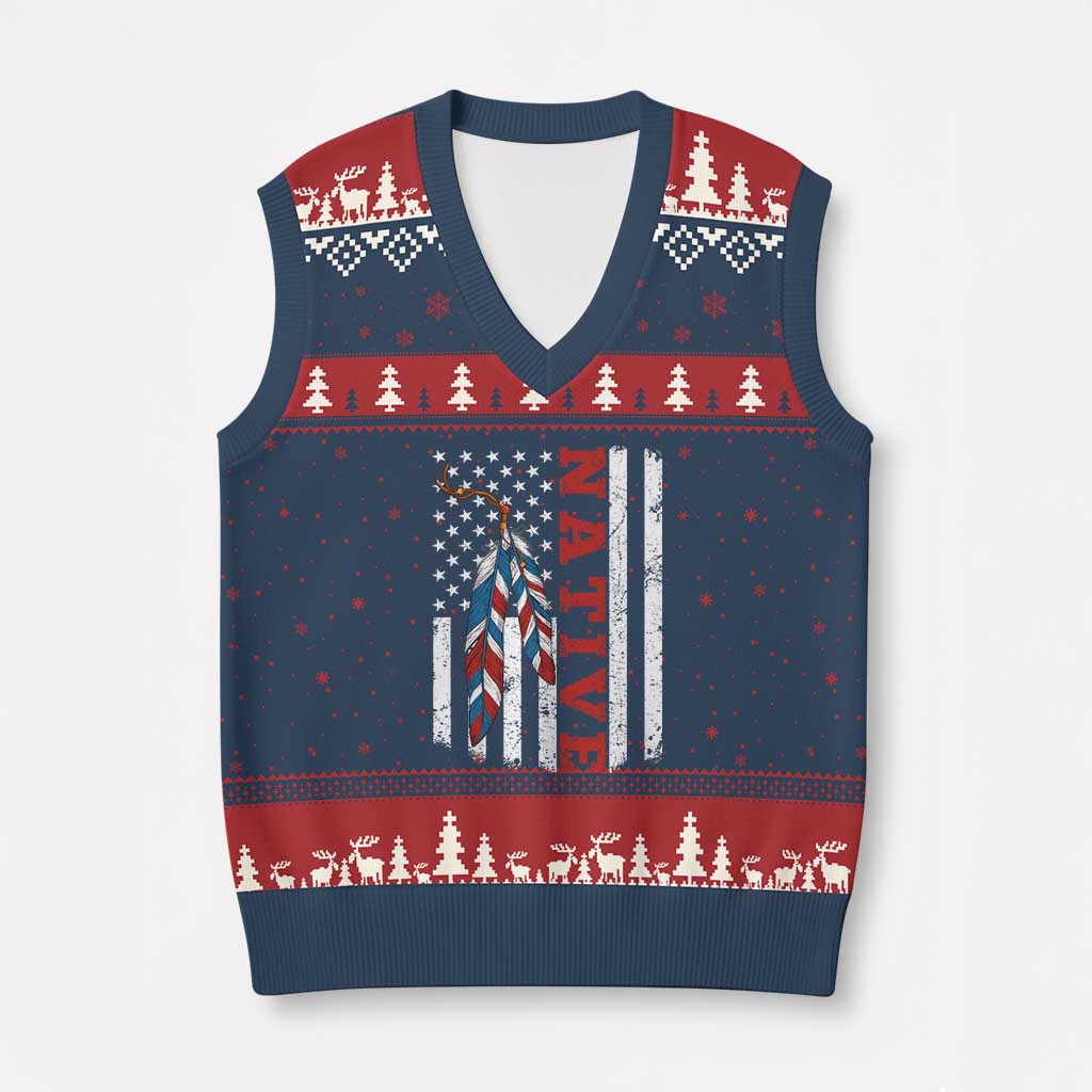 Native American Feathers Vintage USA Flag V-Neck Knit Sweater Vest Proud Indigenous People - Wonder Print Shop
