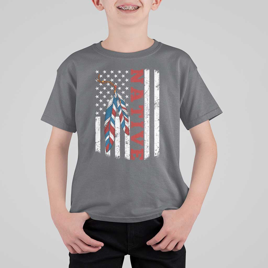 Native American Feathers Vintage USA Flag T Shirt For Kid Proud Indigenous People - Wonder Print Shop