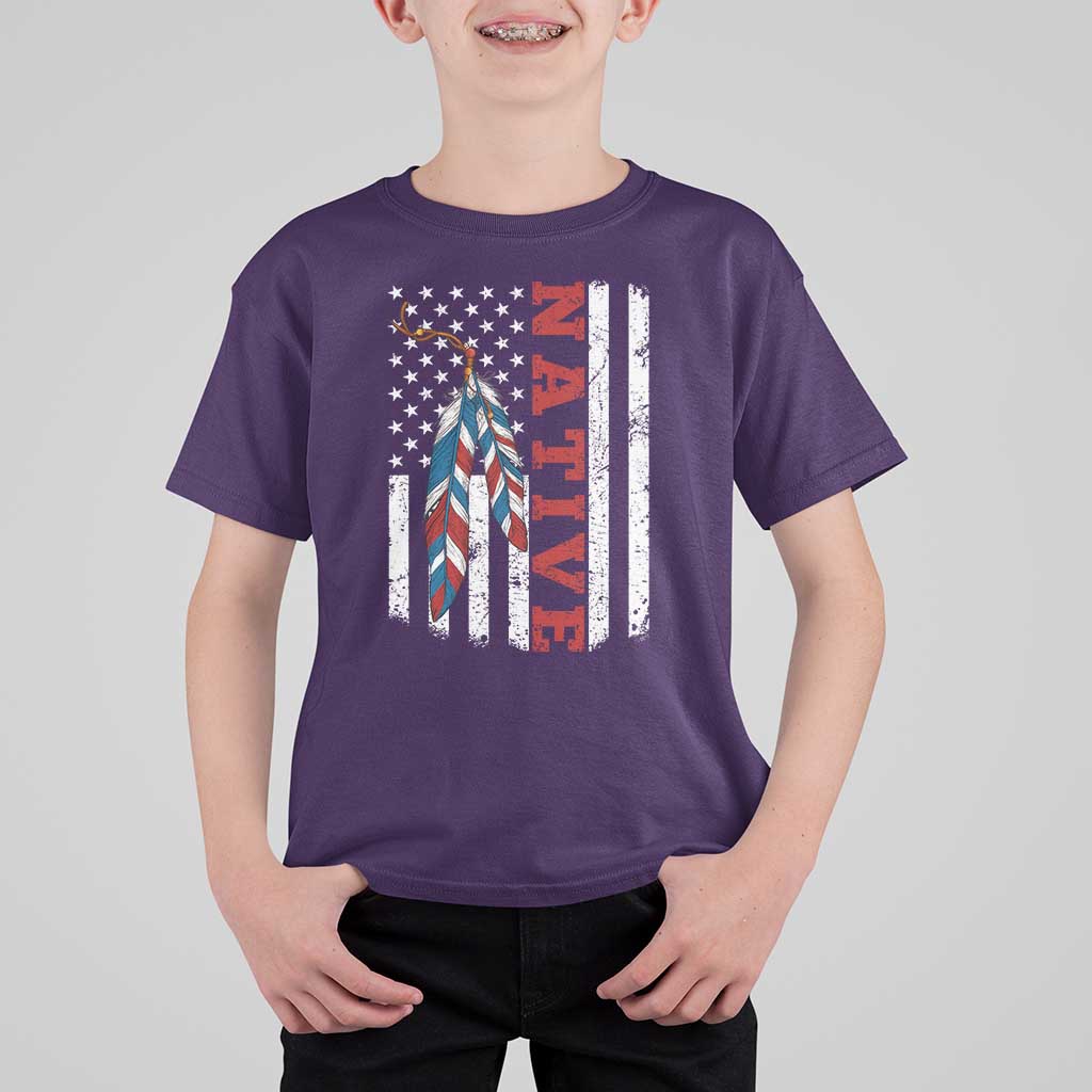 Native American Feathers Vintage USA Flag T Shirt For Kid Proud Indigenous People - Wonder Print Shop