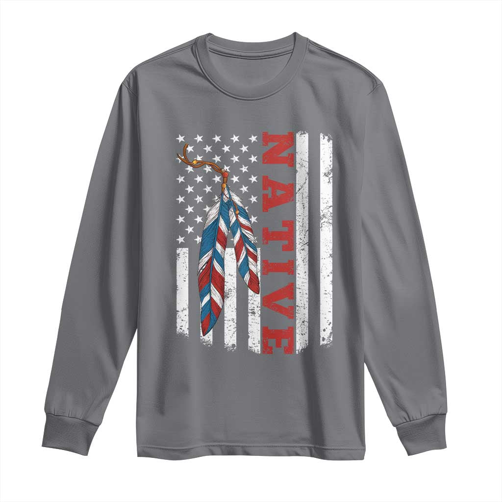Native American Feathers Vintage USA Flag Long Sleeve Shirt Proud Indigenous People - Wonder Print Shop