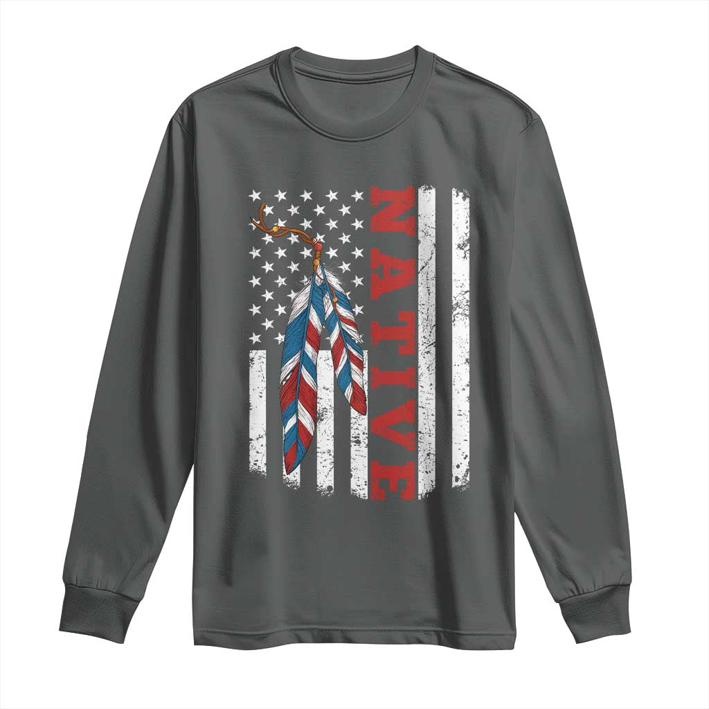Native American Feathers Vintage USA Flag Long Sleeve Shirt Proud Indigenous People - Wonder Print Shop