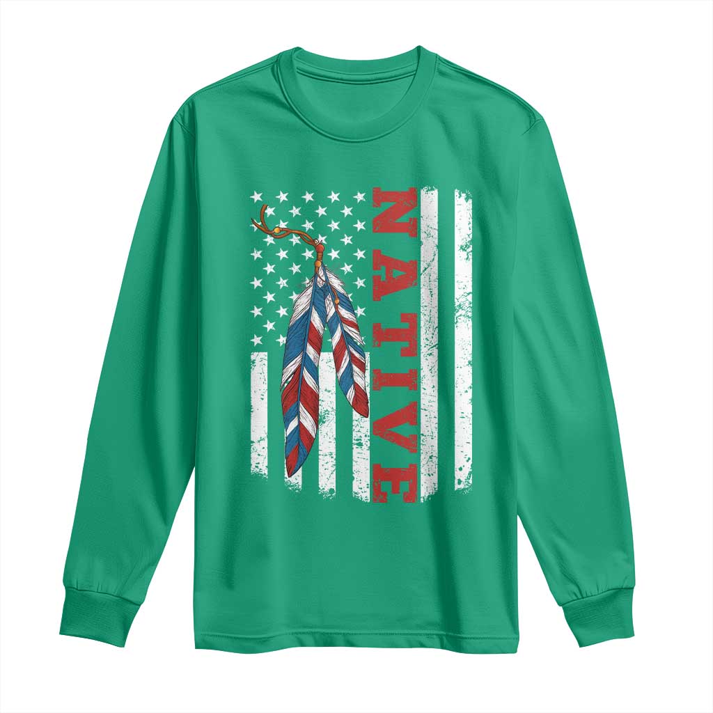 Native American Feathers Vintage USA Flag Long Sleeve Shirt Proud Indigenous People - Wonder Print Shop