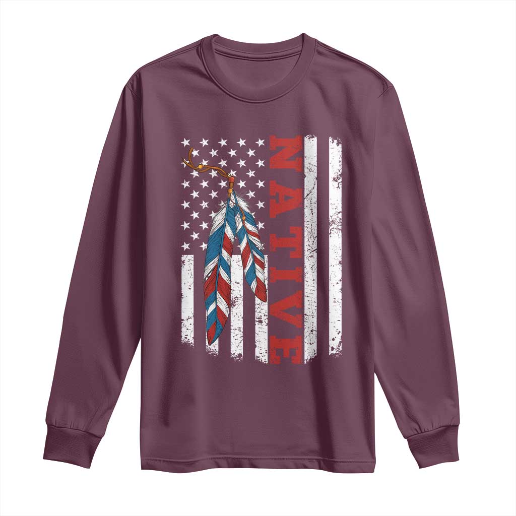 Native American Feathers Vintage USA Flag Long Sleeve Shirt Proud Indigenous People - Wonder Print Shop