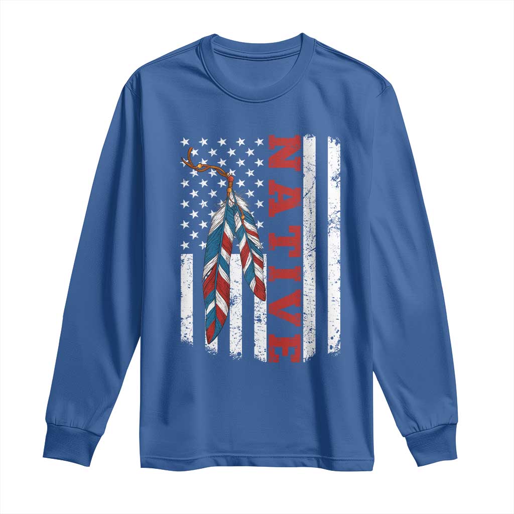 Native American Feathers Vintage USA Flag Long Sleeve Shirt Proud Indigenous People - Wonder Print Shop