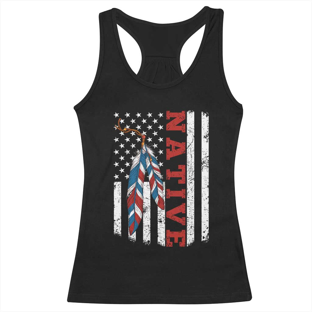 Native American Feathers Vintage USA Flag Racerback Tank Top Proud Indigenous People - Wonder Print Shop