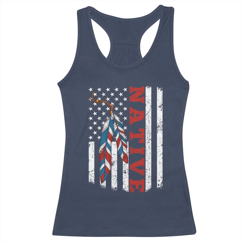 Native American Feathers Vintage USA Flag Racerback Tank Top Proud Indigenous People - Wonder Print Shop