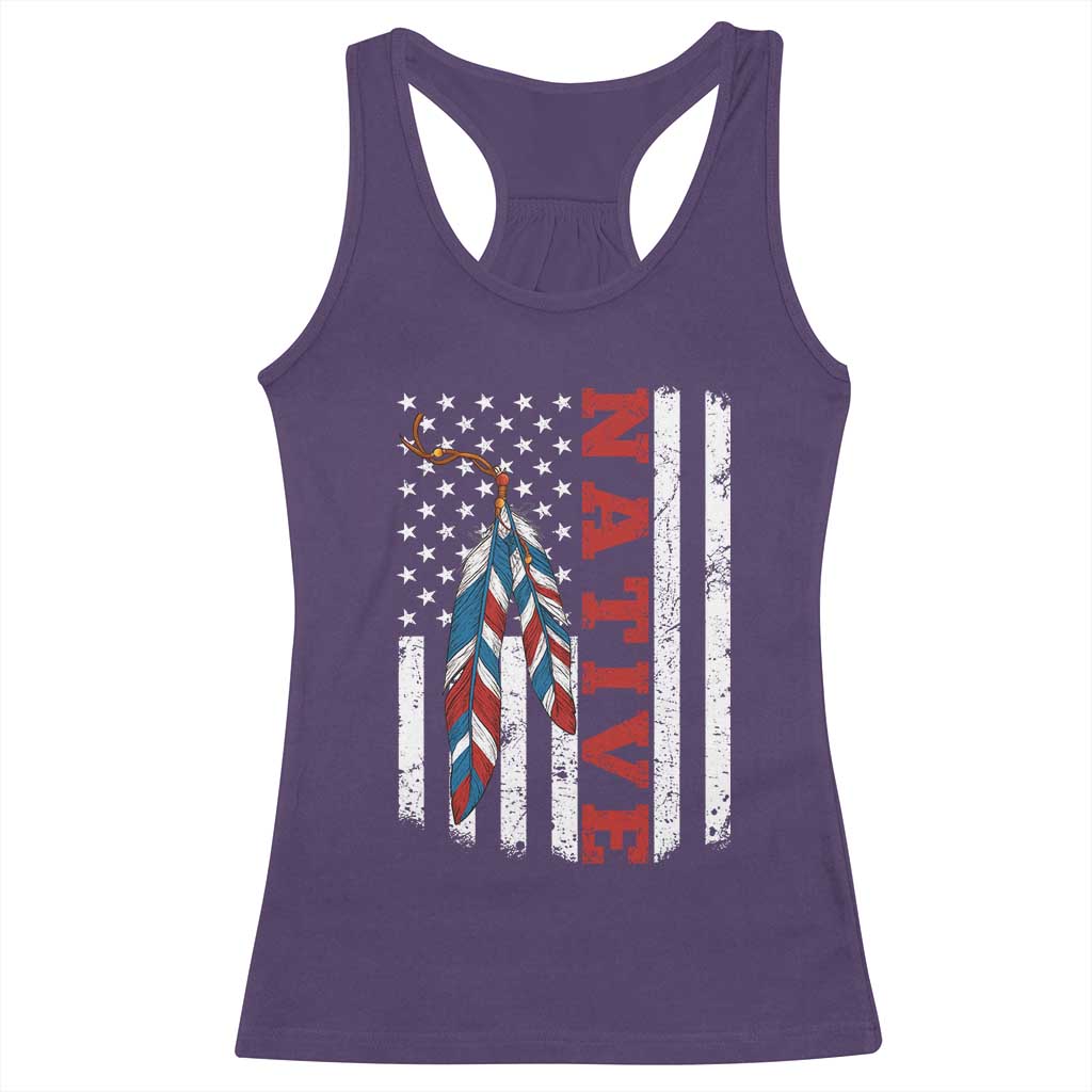 Native American Feathers Vintage USA Flag Racerback Tank Top Proud Indigenous People - Wonder Print Shop