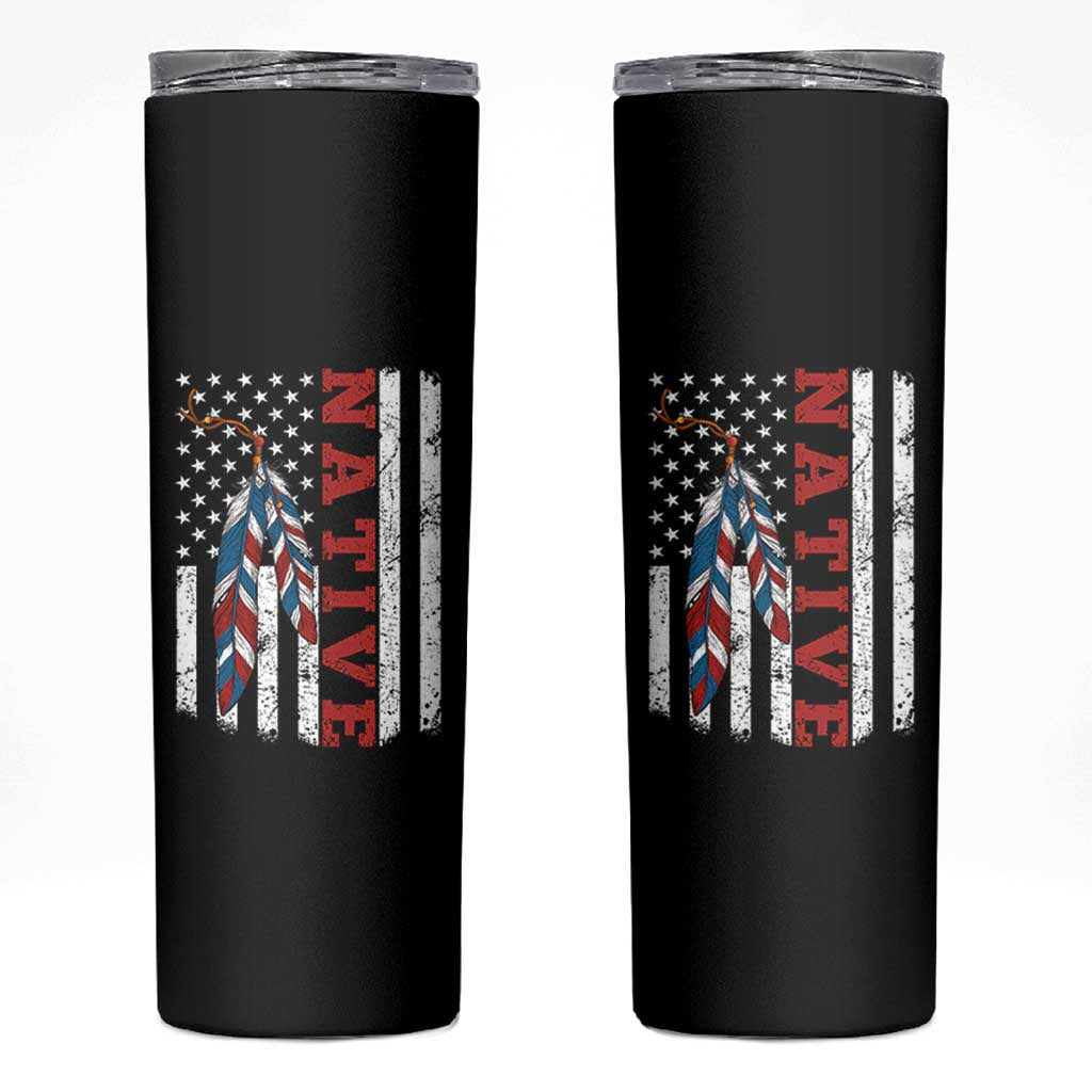 Native American Feathers Vintage USA Flag Skinny Tumbler Proud Indigenous People - Wonder Print Shop