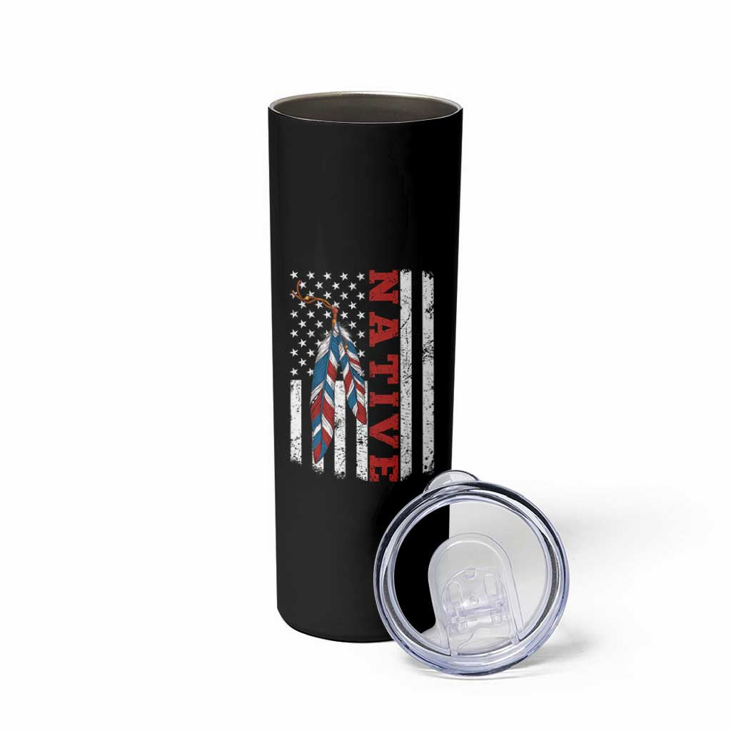 Native American Feathers Vintage USA Flag Skinny Tumbler Proud Indigenous People - Wonder Print Shop