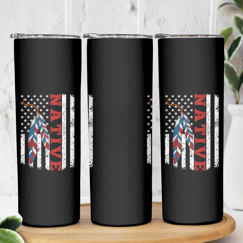 Native American Feathers Vintage USA Flag Skinny Tumbler Proud Indigenous People - Wonder Print Shop
