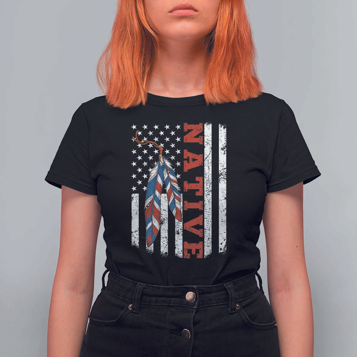 Native American Feathers Vintage USA Flag T Shirt For Women Proud Indigenous People - Wonder Print Shop