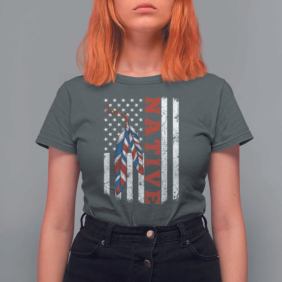Native American Feathers Vintage USA Flag T Shirt For Women Proud Indigenous People - Wonder Print Shop