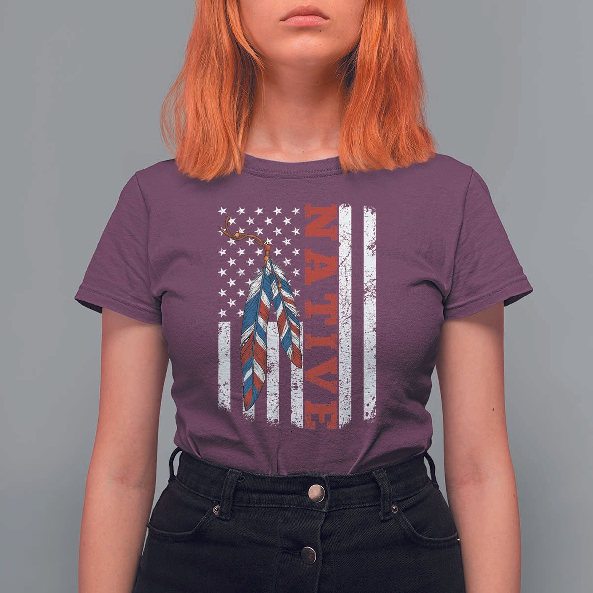 Native American Feathers Vintage USA Flag T Shirt For Women Proud Indigenous People - Wonder Print Shop