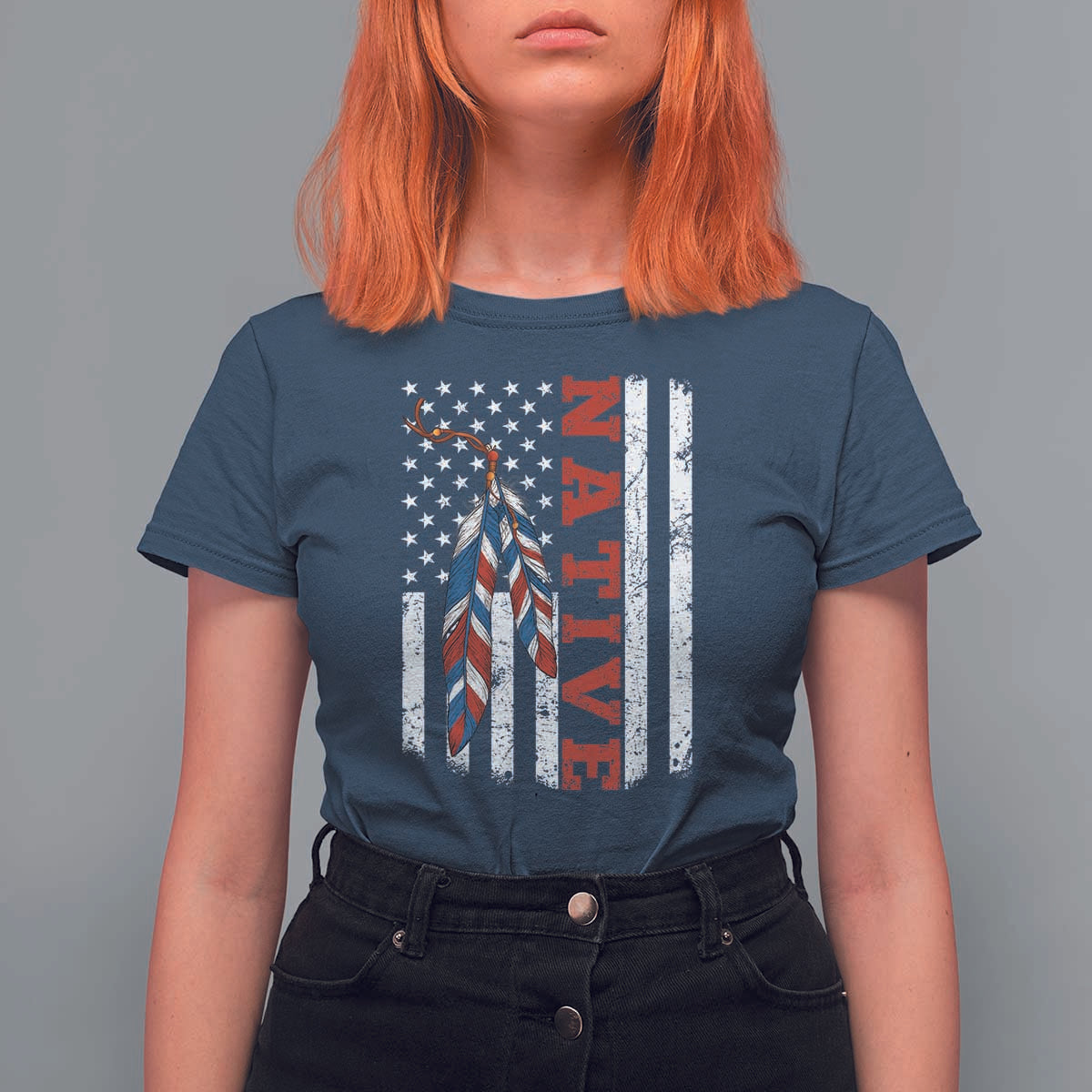 Native American Feathers Vintage USA Flag T Shirt For Women Proud Indigenous People - Wonder Print Shop