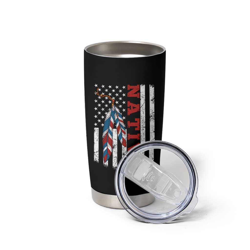 Native American Feathers Vintage USA Flag Tumbler Cup Proud Indigenous People - Wonder Print Shop