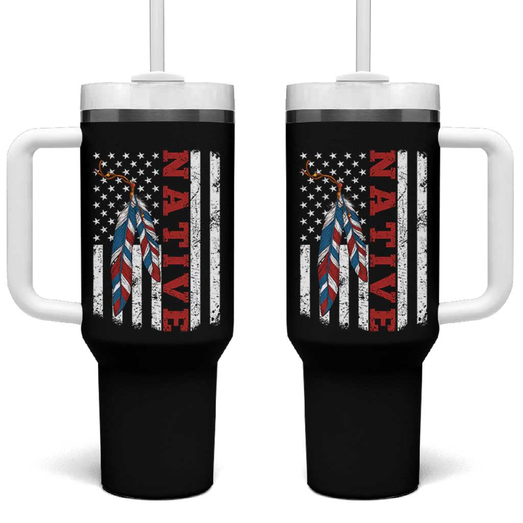 Native American Feathers Vintage USA Flag Tumbler With Handle Proud Indigenous People - Wonder Print Shop