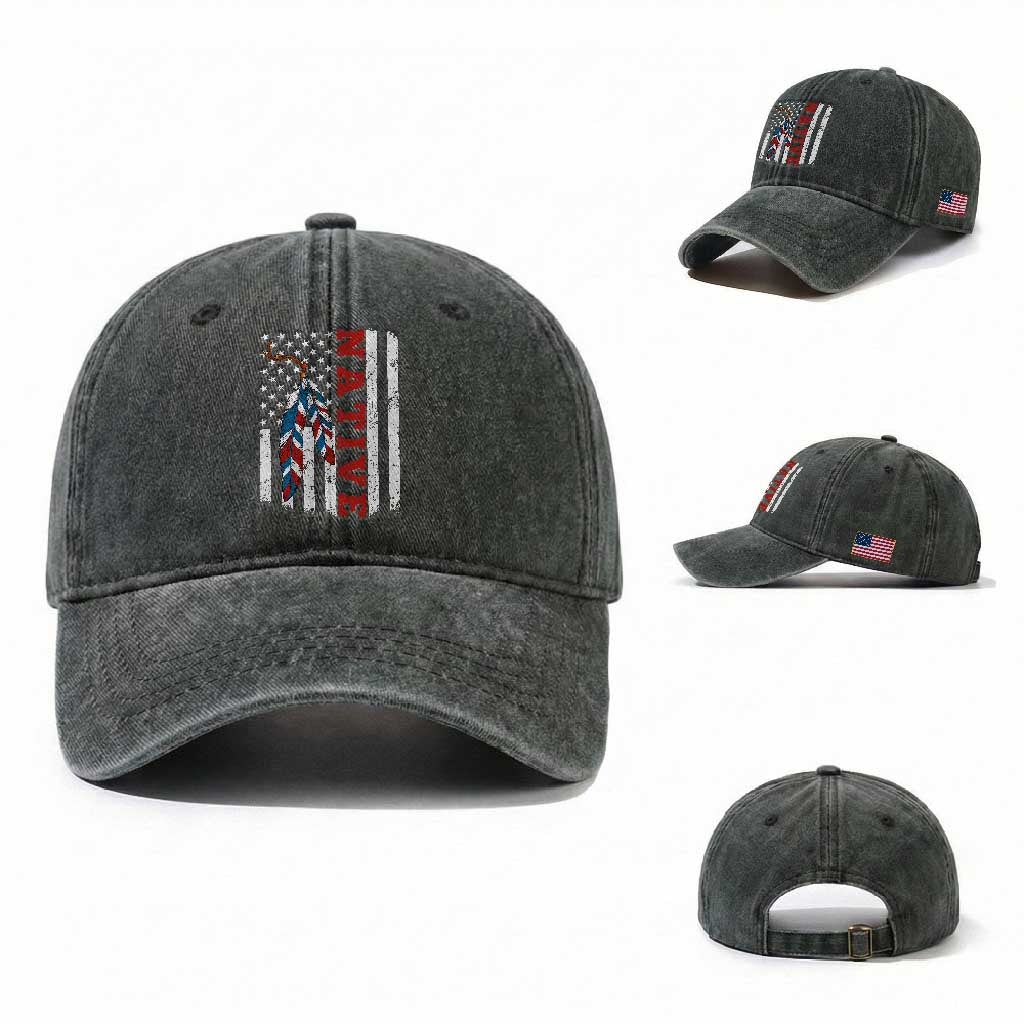 Native American Feathers Vintage USA Flag Washed Cotton Baseball Cap Proud Indigenous People