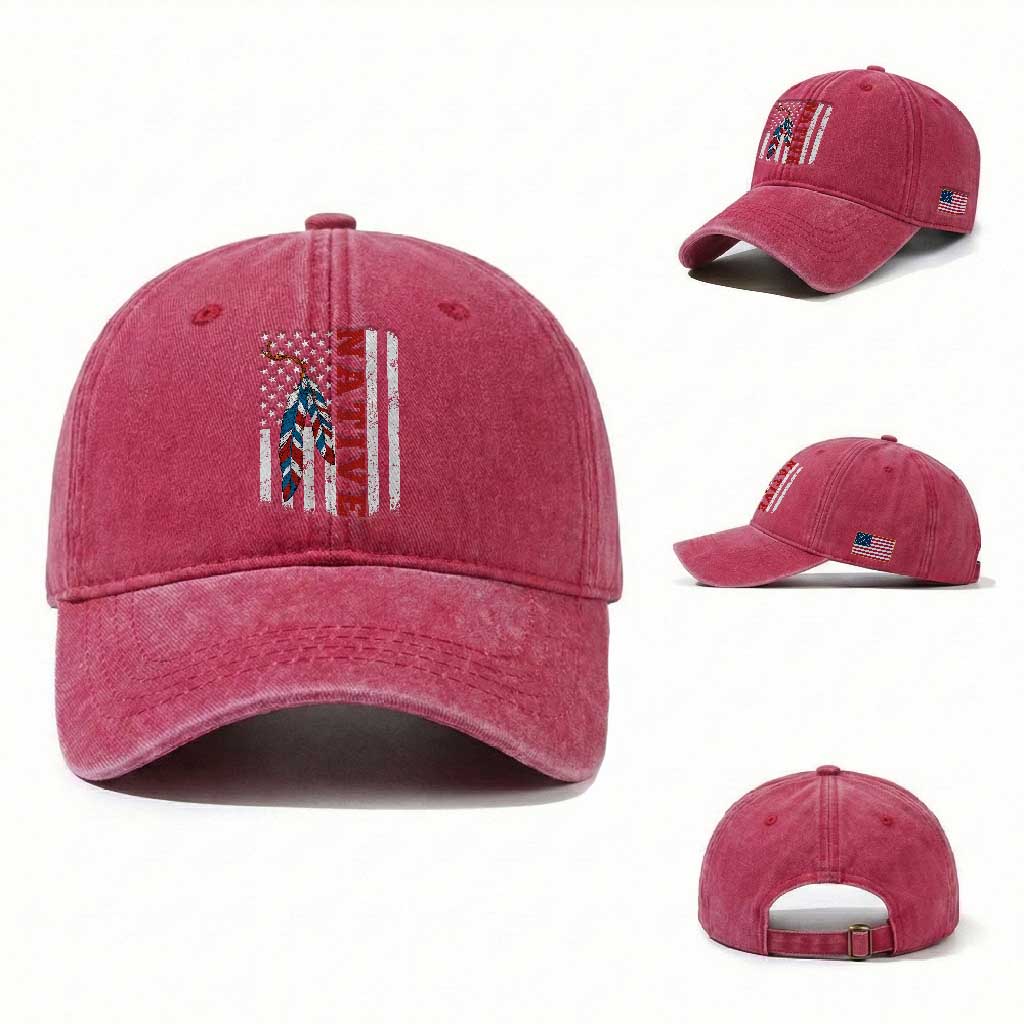 Native American Feathers Vintage USA Flag Washed Cotton Baseball Cap Proud Indigenous People