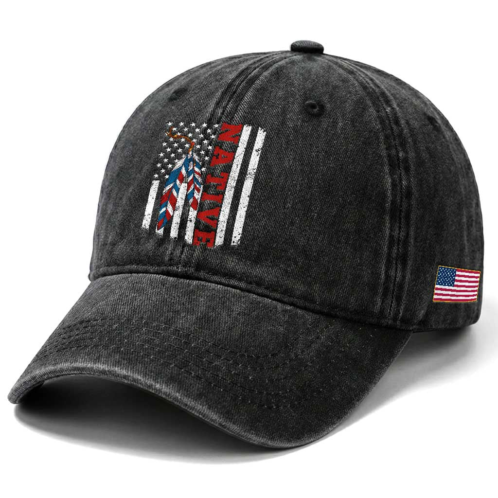 Native American Feathers Vintage USA Flag Washed Cotton Baseball Cap Proud Indigenous People