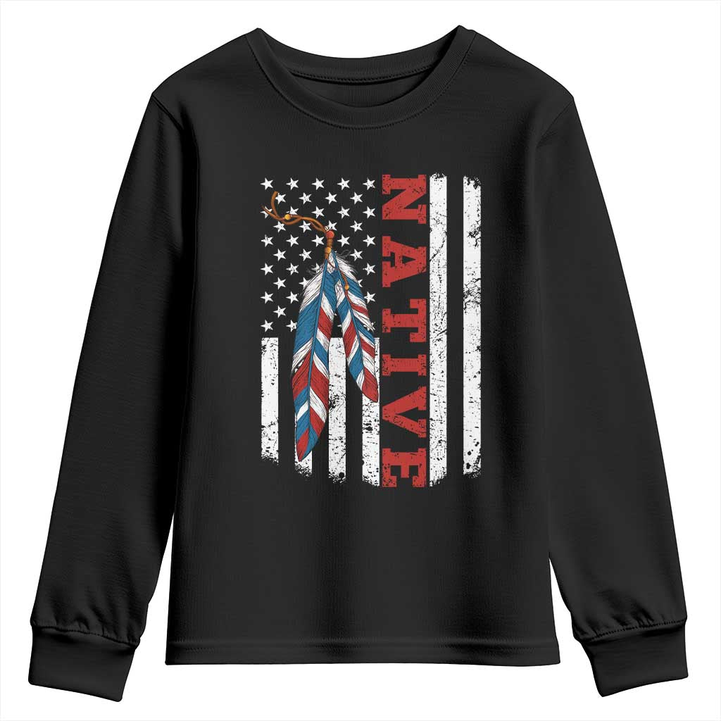 Native American Feathers Vintage USA Flag Youth Sweatshirt Proud Indigenous People - Wonder Print Shop