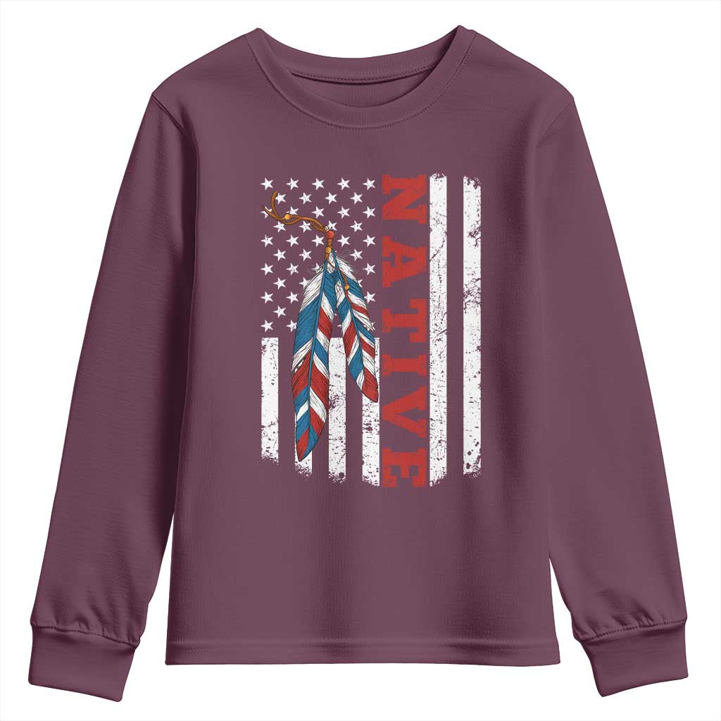 Native American Feathers Vintage USA Flag Youth Sweatshirt Proud Indigenous People - Wonder Print Shop