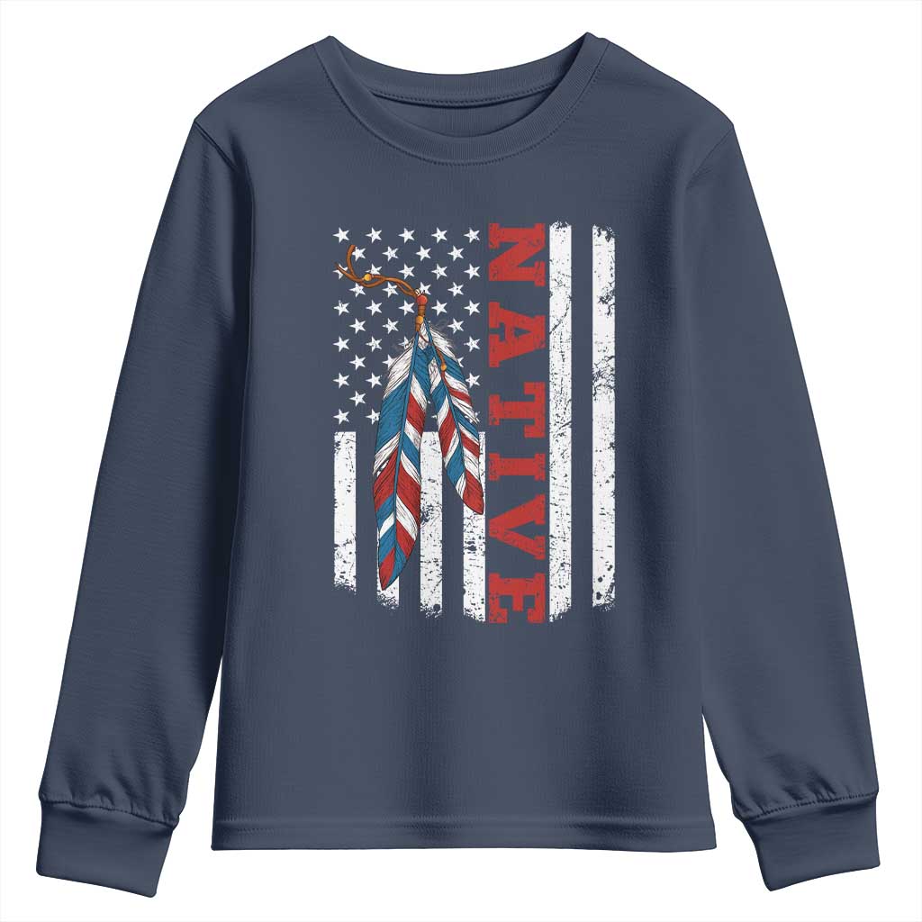 Native American Feathers Vintage USA Flag Youth Sweatshirt Proud Indigenous People - Wonder Print Shop