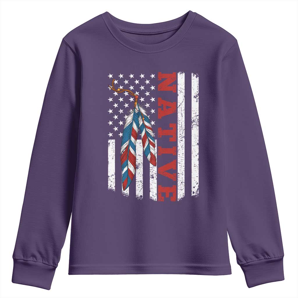 Native American Feathers Vintage USA Flag Youth Sweatshirt Proud Indigenous People - Wonder Print Shop