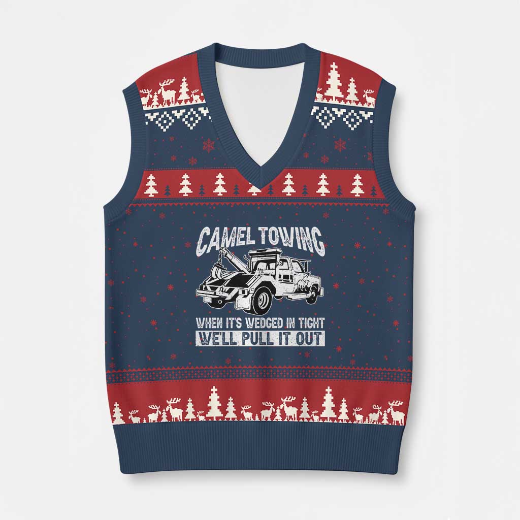 Funny Camel Towing When Its Wedged In Tight We Will Pull It Out V-Neck Knit Sweater Vest Adult Humor - Wonder Print Shop